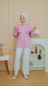 Kemeja atasan wanita kekinian terbaru Raina Ruffle Basic POLO LINEN baju wanita jumbo by AYS