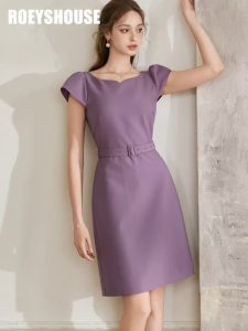 Đầm thiết kế chữ A cổ kiểu tay ngắn màu tím trơn