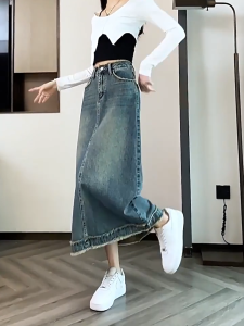 Plus Size~Long skirt women MIDI korean blue maong denim skirt Korean cargo Washed Side slit Midi Denim Skirt High Waist Long A-line fishtail office hot Skirt fashion NEW 2024