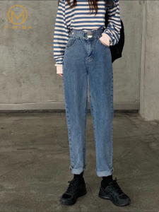 F·MIGA C115 Korean Style High Waist Bagy Celana Jeans Straight Kasual Wanita - Biru
