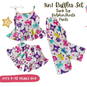 KUROMI MY MELODY HELLO KITTY SANRIO AND FRIENDS 3in1 Ruffles Sando Spaghetti Top with Shorts & Pajama Pants Set - Kids Fashion Outfit for Girls 1-12 Years
