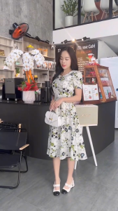 Đầm xòe họa tiết cách điệu cổ đính nút tay phồng có túi Misa - MS0322 (Hình thật shop chụp)