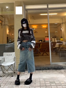 Rok Denim Pinggang Tinggi & Celah A-Line Panjang Menengah Khusus Wanita