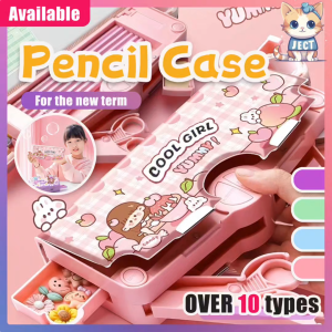 JECT Multifunctional Pencil Case Cartoon Stationery Storage Purple Pink Box Kids Girls Gift with Buttons Scissors