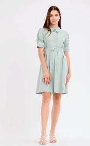 Krizia Button Down Belted Shirt Dress with Roll Tab Sleeve