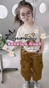 Setelan Anak Perempuan Model Kaos dan Celana Cargo Motif Beruang Usia 1-5 Tahun - Fashion Anak Terbaru