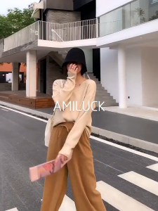 Sweater Rajut Wanita Leher V Lengan Panjang Knitwear Warna Polos Murah T-shirt Korea Retro Atasan