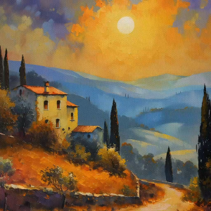 Tranh núi non phong cảnh chiều hoàng hôn trong ngôi làng nhỏ tranh treo tường dán tường decor nội thất.CGI-827