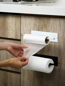 Adhesive No-Drill Kitchen Towel Holder Tissue Paper Bathroom Roll Shelf Organiser Black White
