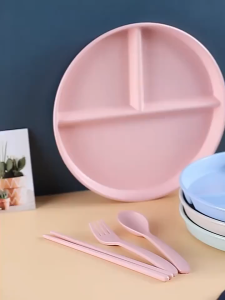 Three-compartment Divided Wheat Straw Table Plate Creative Dining Plate Household Tableware Reusable Plate