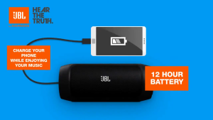 ลำโพงบลูทูธ Charge2+ ตัวลำโพงมาพร้อม ไดร์เวอร์คู่ และ Passive Radiator ให้พลังเสียงเบสที่แน่นและกระหึ่ม ขนาด 6000 mAh เล่นได้ยาวนานถึง 12 ชม.