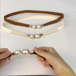 Thắt lưng nữ co giãn 4 ngọc màu trơn Đai Váy chun nữ Hạt ngọc bản nhỏ 1.5cm bản mỏng khóa kim loại-NIEVE