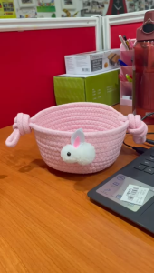 Jimart Pink Cute Rabbit Fluffy Cotton Thread Small Storage Basket Bekas Simpan Barang