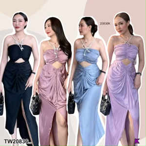 TW20836 เดรสยาวออกงานแต่งโบว์เพชรด้านหน้าอก ..