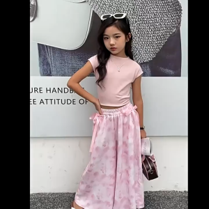 Summer Ice Silk Pants for Kids Girls Pink Floral Wide Leg Pants High Waisted Loose and Breathable Suitable for 7-13Years