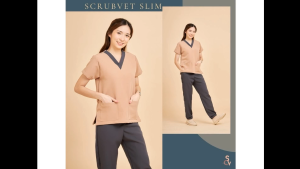 scrubvet [รุ่น SLIM]: ชุดสครับเสื้อสีชานม+กางเกงเทาเข้ม