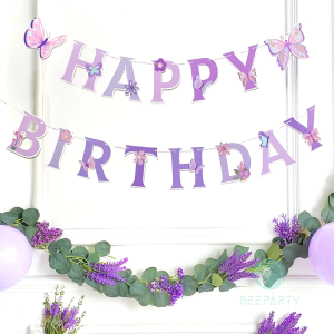 Purple Butterfly Banner Paper Flag Banner Pendant for Girl Birthday Party Decorations Supplies
