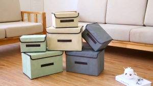 Japanese Style Foldable Box Storage Organizer with Lid Large Non-Woven Linen Collapsible Portable Space-saving for Home and Office