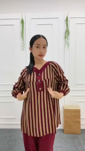 ONE SET WANITA BAHAN KATUN MOTIF SALUR KOMBINASI/SET KANCING HIDUP SALUR /SET WANITA