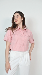 QUEENTIN Kemeja Crop Wanita 88018 Jeans Wash Polos Lengan Pendek