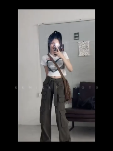 Multi-Saku Retro Merah Muda Pinggang Tinggi Celana Kargo Spice Girl Dance Longgar Lurus Celana Kargo