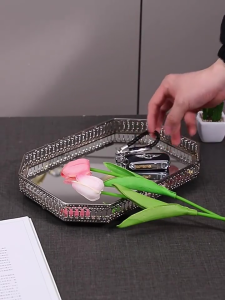 Nordic Cahaya Gaya Mewah Emas Besi Tempa Kaca Cermin Dasar Tray Ruang Tamu Desktop Perhiasan Tray Rumah Tangga Nampan Penyimpanan