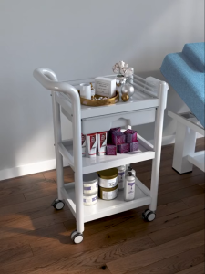 Kệ nhựa 3 tầng cao cấp cho spa kèm thùng rác và bát nước | Xe đẩy spa 3 tầng