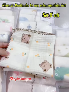 Sét 5 Chiếc Khăn sữa cho bé sơ sinh chất vải xô Muslin mềm mại thấm hút nước họa tiết xinh xắn 30x30cm