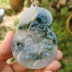 Premium Rare Semi Icy Natural Type A Jadeite crafted with Scenery and Laughing Buddha certificate included weigh 51.59 grams 71.8 * 53.1 * 7.5 mm collector item (pendant51)