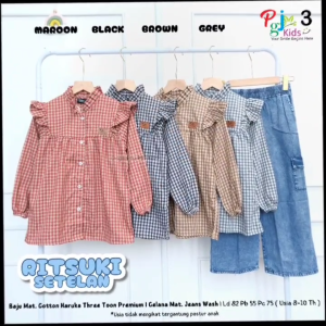 COD Setelan Atasan Lengan Panjang Motif dan Celana Jeans Anak Perempuan 8-10T Ritsukii Set