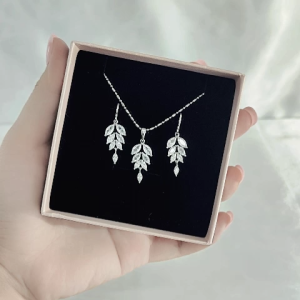 SO SEOUL Callista Leaf Branch Diamond Simulant Hoop Earrings and Necklace Set