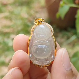 Premium Icy Translucent Natural Type A Jadeite Jade crafted as Standing Milo Buddha set on 18k gold with diamonds as Pendant certificate included weigh 6.56 grams measurement 37.5 * 19.7 * 9 mm (18kp27)