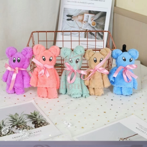 【Fast Delivery】5PCS-Cute Teddy Bear Folded Towel Hand Towel Microfiber Face Towel with Free Mesh Bag Gifts Coral Fleece Bear Towel Wedding Present Birthday Door Gift