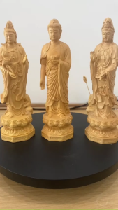 Bộ tượng Tây Phương Tam Thánh chất liệu gỗ Hoàng Dương cao 20cm hàng thủ công mỹ nghệ chạm khắc tinh xảo