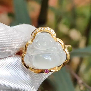 Premium Rare old pit Icy Natural Type A Jadeite Cabochon crafted as Laughing Buddha setting on G18K Gold as Ring with finger size 17.6mm Certificate included weigh 3.23 grams Jade measurement 12.8 * 14.8 * 4.1 mm (18kring5)