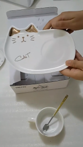 ชุดแก้วกาแฟมีถาดรองพร้อมช้อน/แก้วรูปแมวน่ารักพร้อมส่ง