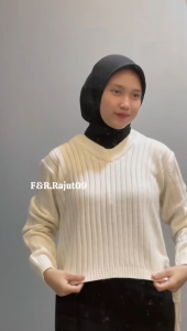 F&R Rahima Knits Atasan Sweater Rajut Salur Wanita Kerah V-Neck Lengan Panjang Premium