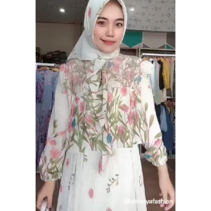 Anindya Fashion Presents Busana Muslim Wanita Gamis Raya Set Hijab Ladies Motif Bunga Bahan Ceruti Mix Brukat Dengan Desain Variasi Lengan Balon Look Kasual Basic Elegan Dress Lebaran Terbaru