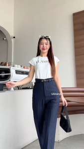 New Rochet Pants (ผ้าโรเชฟลายริ้ว) ผ้าไม่ต้องรีด ทรงกระบอกกลาง กางเกงเอวสูง กางเกงขายาวผู้หญิง ใส่แล้วหุ่นเพรียว