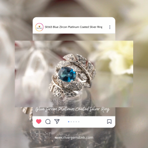 S0163 Blue Zircon Diamond Platinum Coated Silver Ring