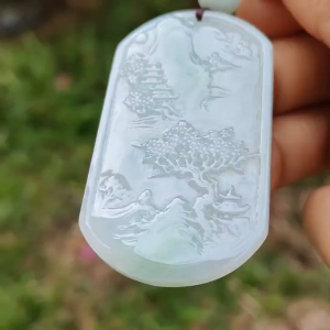 Quality Semi Icy White and Light Green Patches Natural Type A Jadeite Jade crafted with sceneries as pendant with QIC labs approved certificate weigh 24.89 grams measurement 54 * 32 * 4.5 mm (pendant227)
