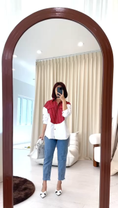 SJM KEMEJA WANITA MERAH PUTIH STRIPED BAHAN KATUN SALUR PREMIUM LENGAN PANJANG 2925
