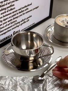 แก้วกาแฟลาเต้ ชุดแก้วกาแฟ แก้ว+จาน+ช้อน SUS304 สแตนเลสแท้ ชุดถ้วยกาแฟ