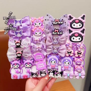 Sanrio-Themed 18pc Hair Ties Set for Girls - Cute Kuromi & Friends Anime Hair Clips with Bow Detail - Kawaii Ponytail Holder Accessories