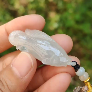 Icy with green patches Natural Type A Jadeite Pendant Necklace crafted with Fish biting Chinese coin QIC approved labs certificate included weigh 8.7 grams 43.1 * 15 * 8.1 mm (pendant136)