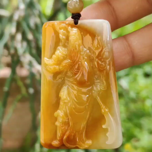 Rare Old Yellow with Red Natural Type A Jadeite Pendant Crafted with Guan Gong come with ceritificate weight 24.70 grams 49.7 * 32 * 8 mm for Guan Gong collectors (pendant118)