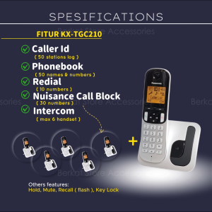 Panasonic Dect Phone KX-TGC210 - Silver - Layar LCD 1.4 inci (3.5 cm), Memori 50 Daftar Panggil, Baterai Tahan Bicara 16 Jam, Redial 10 Nomor, 6 Melodi Ringer, Bahasa LCD: Belanda, Inggris, Perancis, Jerman