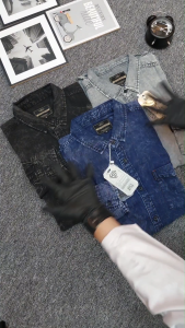 Kemeja Denim Jeans Lengan Panjang Kemeja Panjang Denim Washing Pria