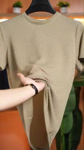 Mens ice silk T-shirt bamboo mesh short-sleeved top round neck 2024 trend new summer solid color cool thin mens T-shirt