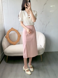 Rok Belah Samping Panjang Retro Wanita & Rok Pinggang Tinggi Korea Baru Tengah Jacquard A-line Skirt